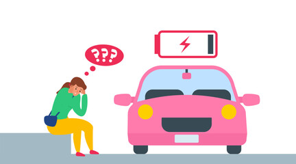 sad upset sitting woman and low battery electric car vector illustration