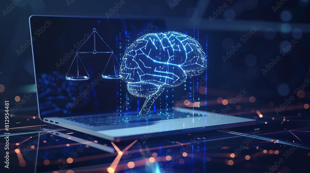Poster concept of ai law, artificial intelligence regulations in glowing low polygonal style with brain and