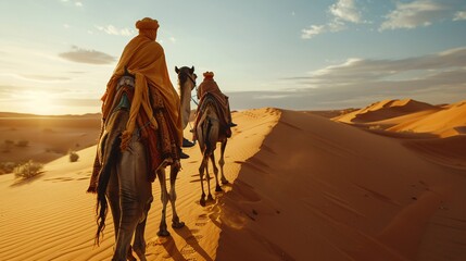Arabic man with camels in the desert of Dubai, United Arab Emirates.