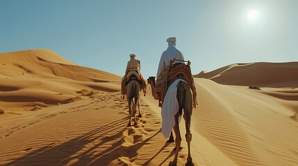 Arabic man with camels in the desert of Dubai, United Arab Emirates.