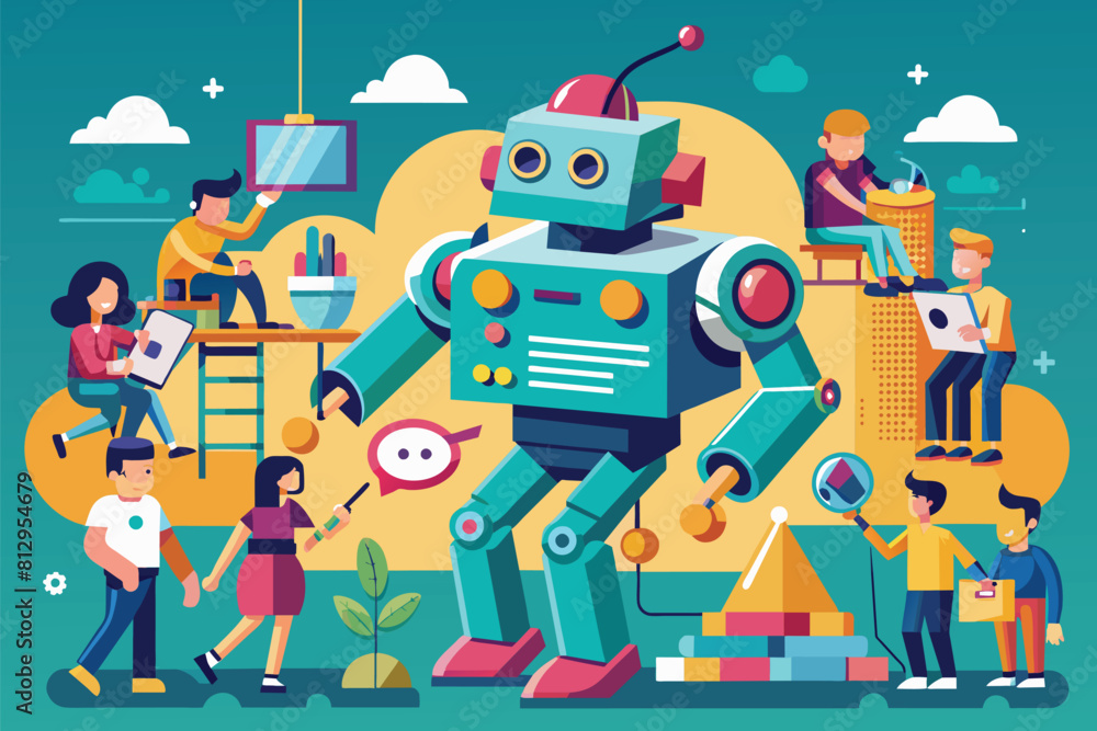 Poster several individuals standing in a circle around a robot, watching its creation process attentively, 