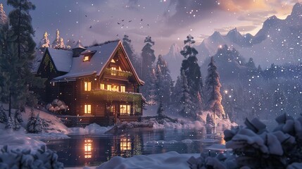Fototapeta premium photo of A cozy mountain chalet during a snowy winter. Winter Wonderland: Snow-Covered Chalets in Mountainous Landscape. Idyllic winter scene with snow-covered chalets surrounded by mountains