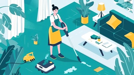 A woman is vacuuming the living room while a robot vacuum cleaner is cleaning the floor in the background.