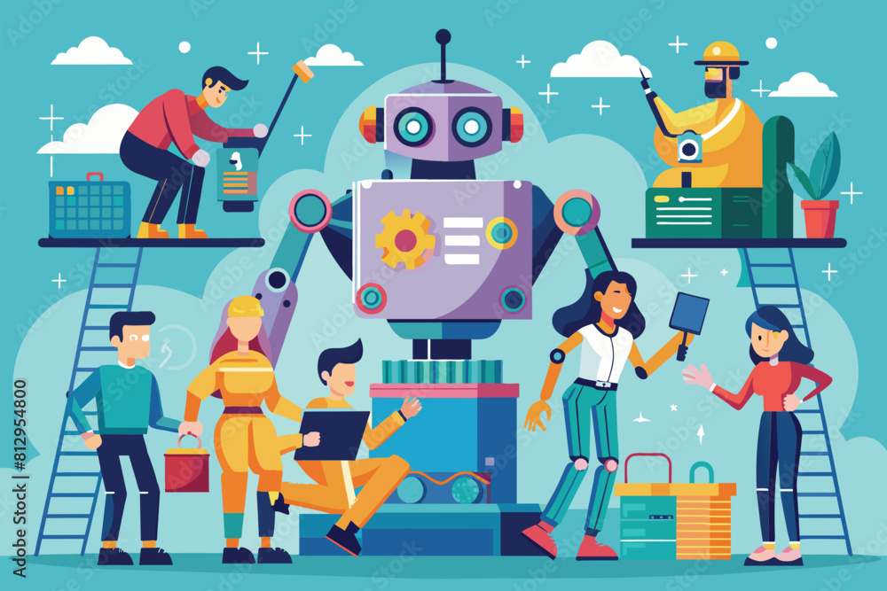 Poster several individuals gathered around a robot, observing or interacting with it, people creating robot