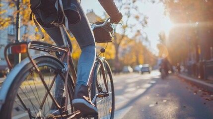 Fototapeta premium Young woman riding a bicycle in the city at sunset, toned, Copy space.