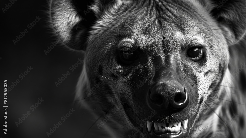 Wall mural black and white close up of a hyena snarling with bared teeth.