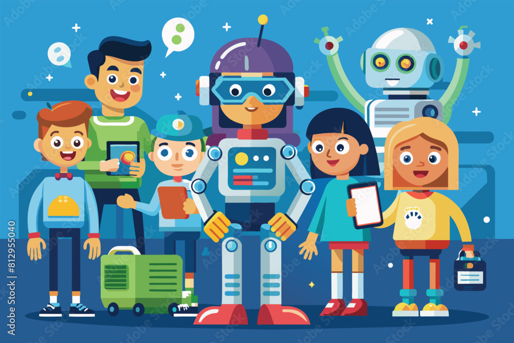 Aufkleber a group of individuals are standing alongside a robotic device, people using robots customizable car