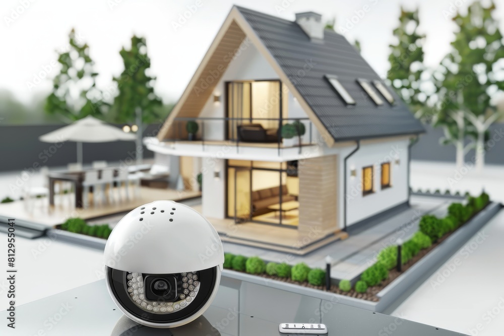 Poster active security technology with remote lighting and sound uses security cameras, sensors on entry po