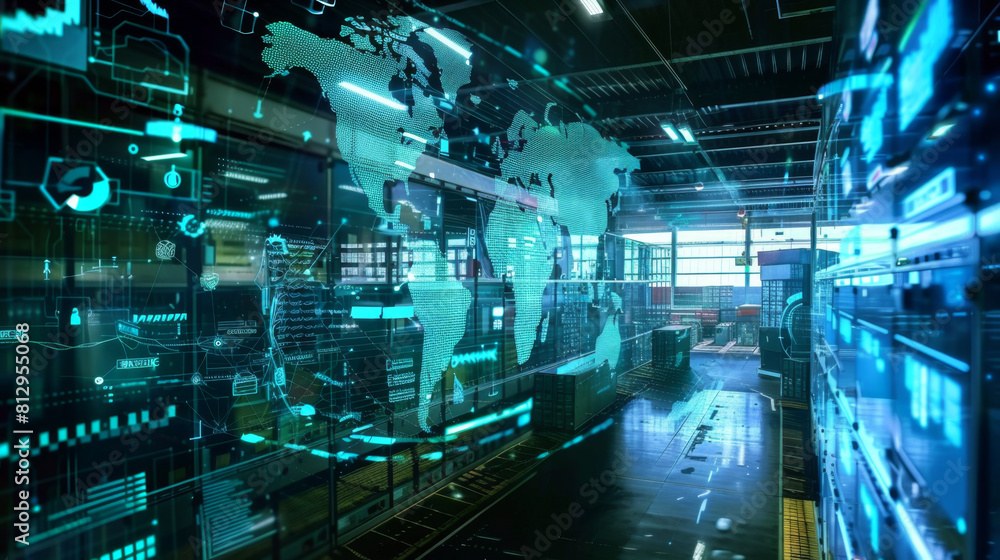 Poster advanced data center interior featuring holographic displays of global network maps and data analyti