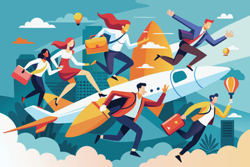 Fototapeta premium A group of people sitting on the roof of an airplane while it is flying in the sky, People flying Customizable Semi Flat Illustration