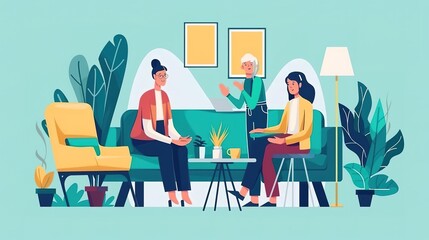 A group of diverse women are sitting in a living room, talking and laughing. There are plants and a lamp in the background. The women are all wearing casual clothes.