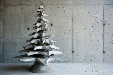 Stylish abstract christmas tree sculpture made of concrete against a minimalistic grey wall