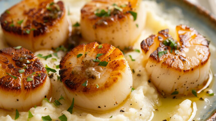 Perfectly seared scallops with golden crust, served on a bed of creamy risotto garnished with fresh herbs in close-up view