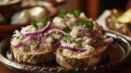 Close-up of delicious herring tartines on rustic bread, topped with red onions and dill, served on a ceramic plate - Powered by Adobe