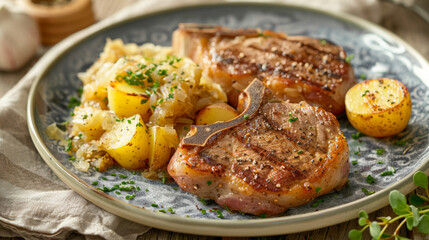 Perfectly seared pork chops with seasoned baby potatoes and sauerkraut, garnished with fresh herbs on a rustic ceramic plate