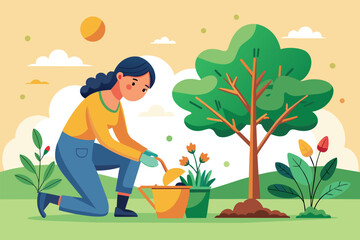 A woman is watering flowers in a garden on a sunny day, Planting tree Customizable Disproportionate Illustration
