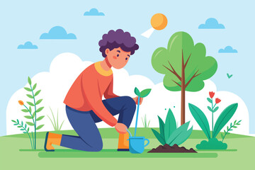 A man kneeling down and planting a tree in the ground, Planting tree Customizable Semi Flat Illustration