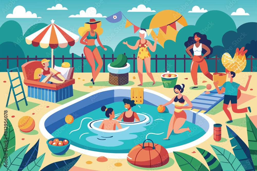 Poster group of individuals having fun in a pool surrounded by colorful umbrellas on a sunny day, pool part