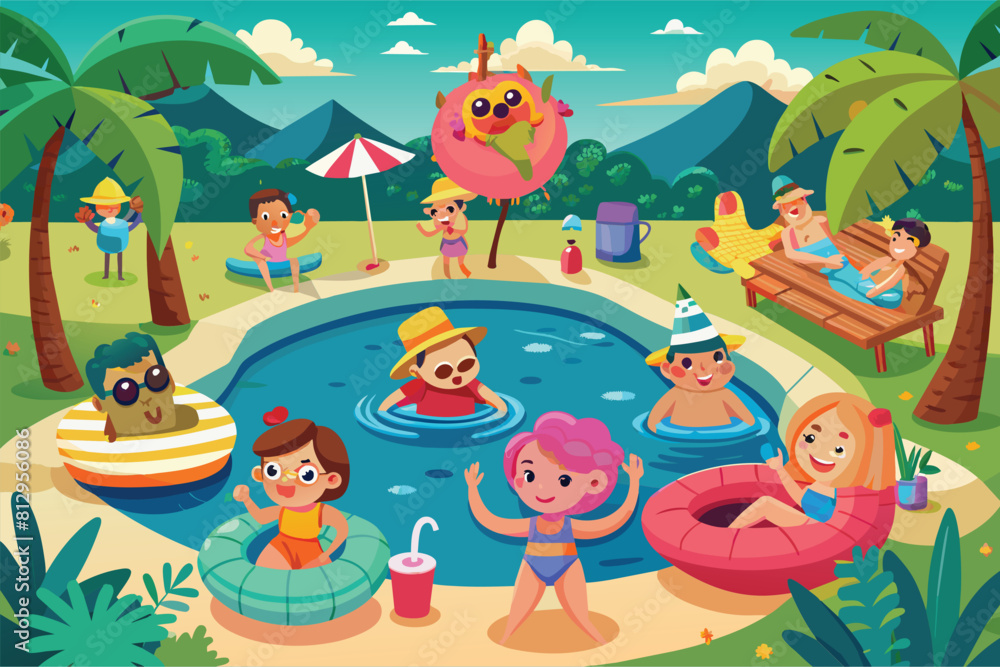 Poster a group of children laughing and splashing around in a pool on a sunny day, pool party customizable 