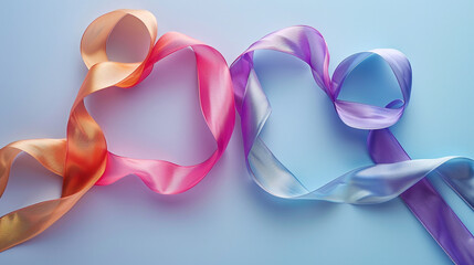 Two colorful intertwined ribbons in the shape of a heart, on a soft lavender background.