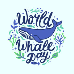 World whale day hand lettering poster, vector flat design