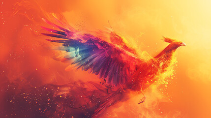 A majestic phoenix rising from the ashes, its wings colored in the hues of the genderfluid pride flag, against a fiery orange background.
