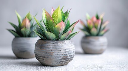 Three small plants in ceramic pots on a white table. The plants have green and reddish leaves. The pots are gray and have a rough texture. The background is a white wall.