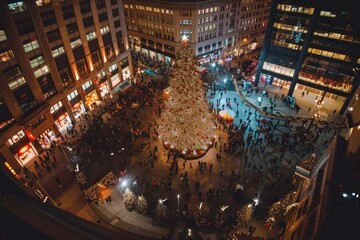 Aerial view of a bustling city square at night, highlighted by a magnificent christmas tree