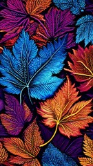 Colorful leaves on black background. Hand-drawn illustration. Toned.