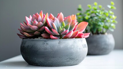 A beautiful image of a pink succulent in a gray concrete pot, sitting on a white table. The succulent has green leaves with pink tips, and is surrounded by other plants.