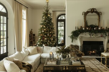 Fototapeta premium Festive interior with a lit christmas tree, fireplace, and elegant holiday decorations