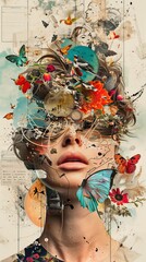 A woman's face is covered in butterflies and flowers