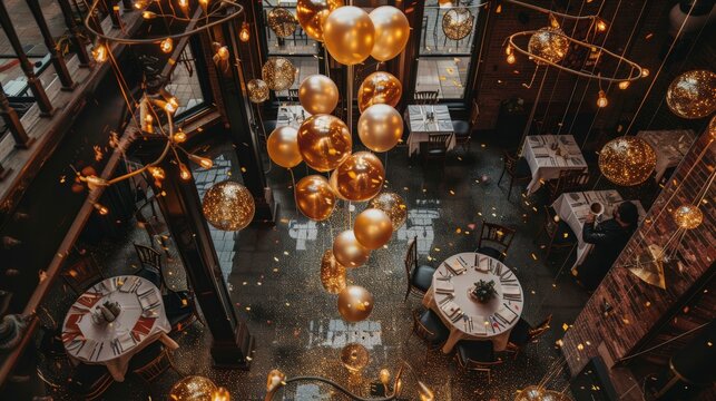 Fancy restaurant with hanging lights.