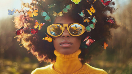 Closeup portrait of a young black woman wearing yellow sunglasses with butterflies in her hair and on her face