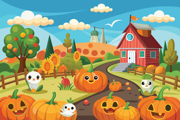 Obraz premium Collection of pumpkins arranged on top of a road, displaying vivid autumn colors, Pumpkin patch Customizable Cartoon Illustration