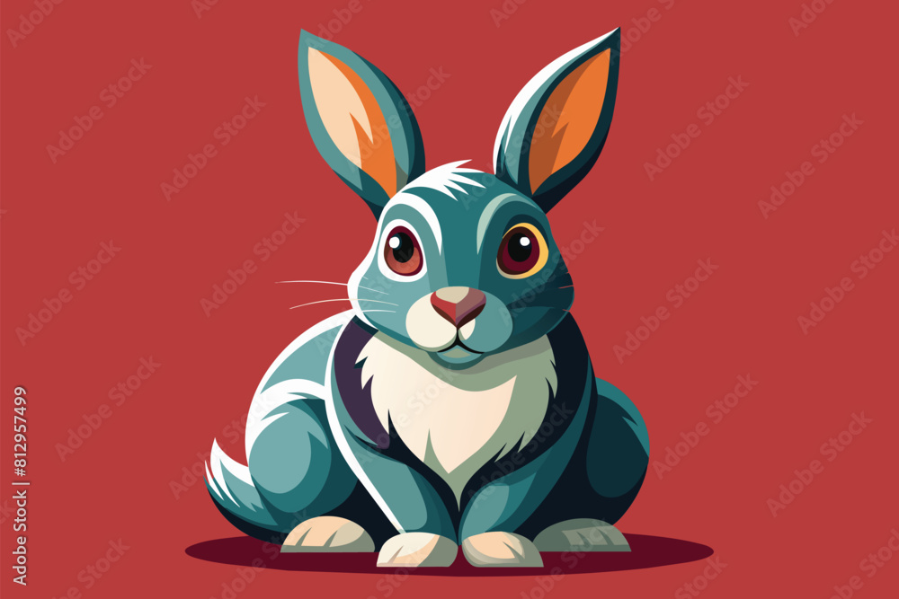 Poster Cartoon rabbit sitting on bright red background, Rabbit Customizable Disproportionate Illustration