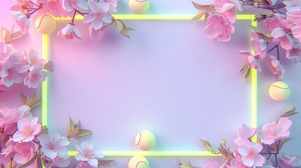Tennis ball and pretty flowers, purple banner background with copy space, framed background, copy space, space for text,テニスボールと可愛い花、コピー スペースのある紫のバナーの背景,フレームのある背景、コピースペース,テキスト用スペース,Generative AI,