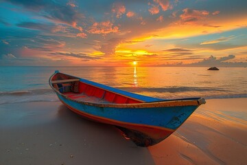 Fototapeta premium Boat Docked on Beach During Sunset