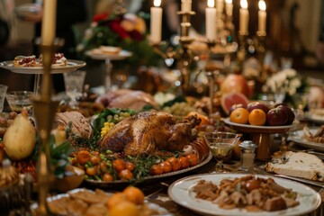 A large table is covered with a variety of food, including a roasted turkey