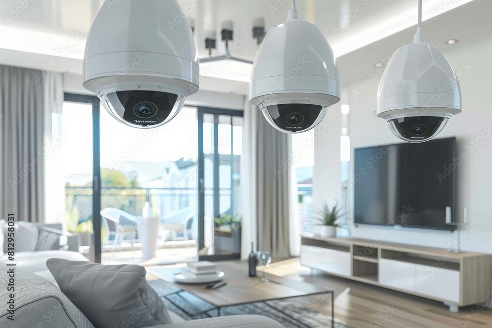 Poster crisis alarms in family homes use security cameras with sensors on entry points for active security 