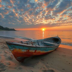 Boat on Beach at Sunset