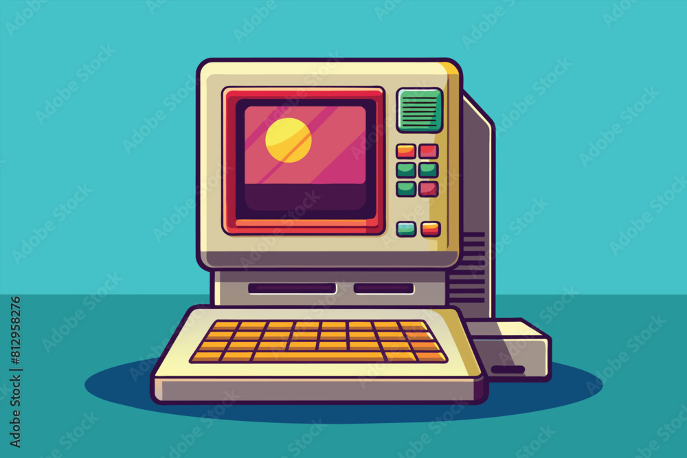 Poster a laptop computer placed on top of a table in a room setting, metrics customizable isometric illustr