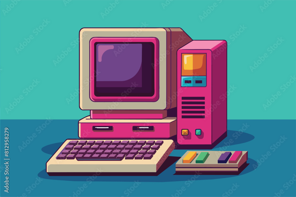 Poster a retro computer and a keyboard placed on a table, ready for use, retro computer customizable dispro