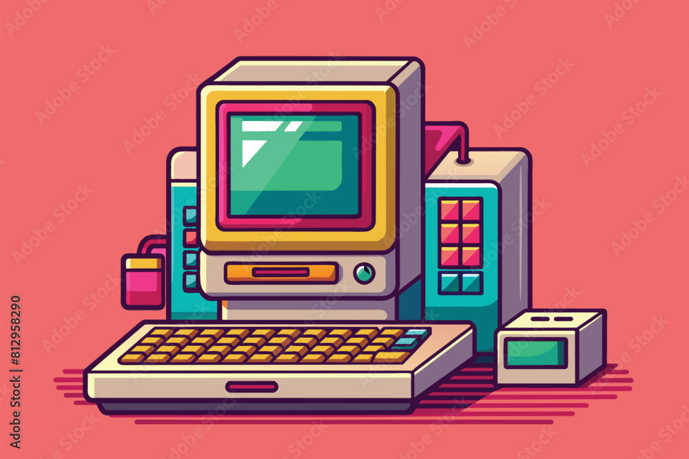 Poster a vintage computer system with a keyboard and mouse on a desk, retro computer customizable dispropor