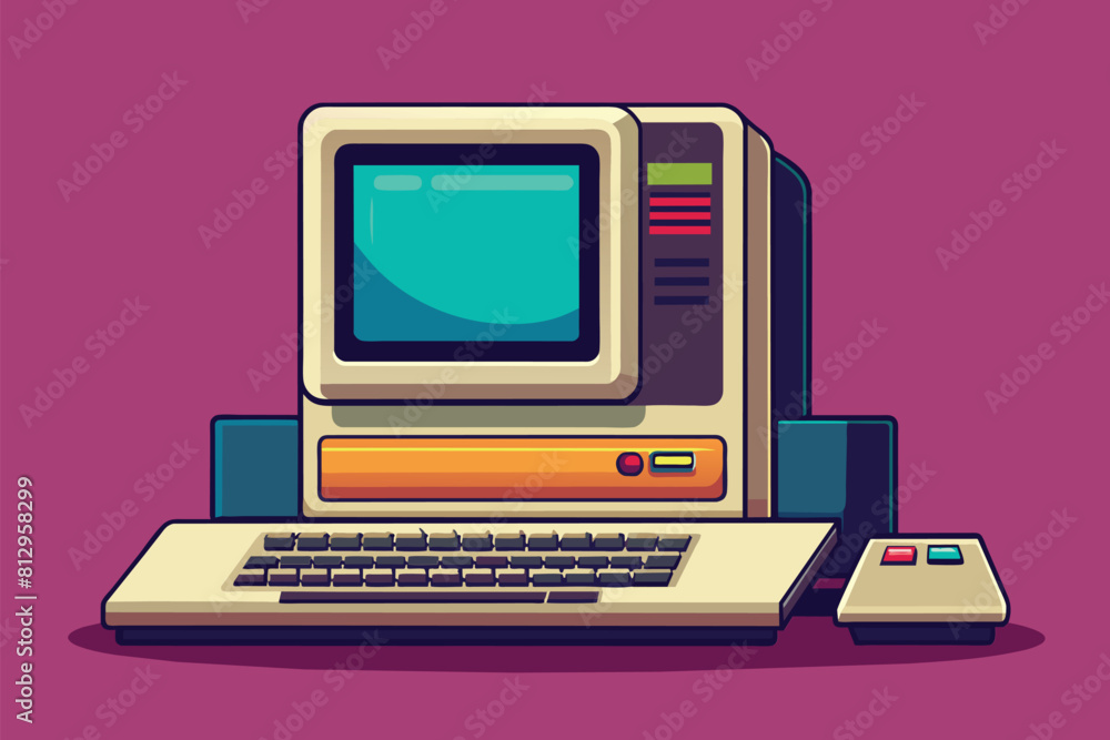 Poster vintage computer setup showing an old computer with a keyboard and mouse on a desk, retro computer c