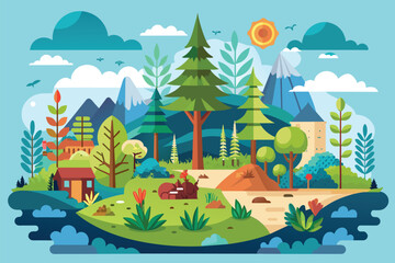 Obraz premium A landscape featuring trees, bushes, and houses in a rural setting, Forest Customizable Disproportionate Illustration