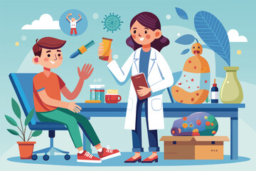 Fototapeta premium A man and a woman are consulting with a rheumatology specialist in a medical office, Rheumatology Customizable Cartoon Illustration