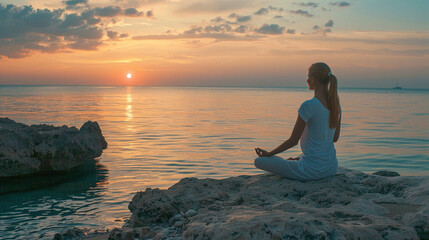 Calmness and inner peace achieved through meditation on a peaceful beach at sunset