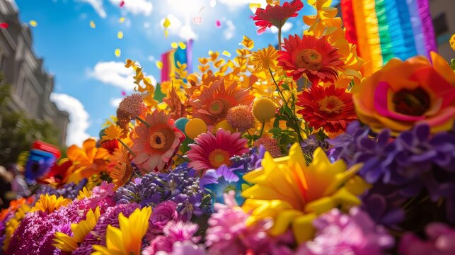 parade float covered in flowers of all different colors with a rainbow in the background.