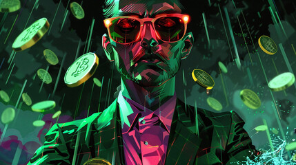 Man in green suit, surrounded by falling money, vibrant colors.
